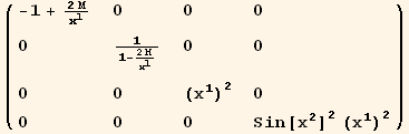 ( {{-1 + (2 M)/x_1^1, 0, 0, 0}, {0, 1/(1 - (2 M)/x_1^1), 0, 0}, {0, 0, (x_1^1)^2, 0}, {0, 0, 0, Sin[x_2^2]^2 (x_1^1)^2}} )