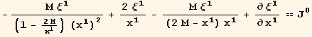 -(M ξ_1^1)/((1 - (2 M)/x_1^1) (x_1^1)^2) + (2 ξ_1^1)/x_1^1 - (M ξ_1^1)/((2 M - x_1^1) x_1^1) + ∂ξ_1^1/∂x_1^1 == J_0^0