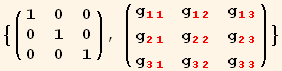 {( {{1, 0, 0}, {0, 1, 0}, {0, 0, 1}} ), ( {{g_ (11)^(11), g_ (12)^(12), g_ (13)^(13)}, {g_ (21)^(21), g_ (22)^(22), g_ (23)^(23)}, {g_ (31)^(31), g_ (32)^(32), g_ (33)^(33)}} )}